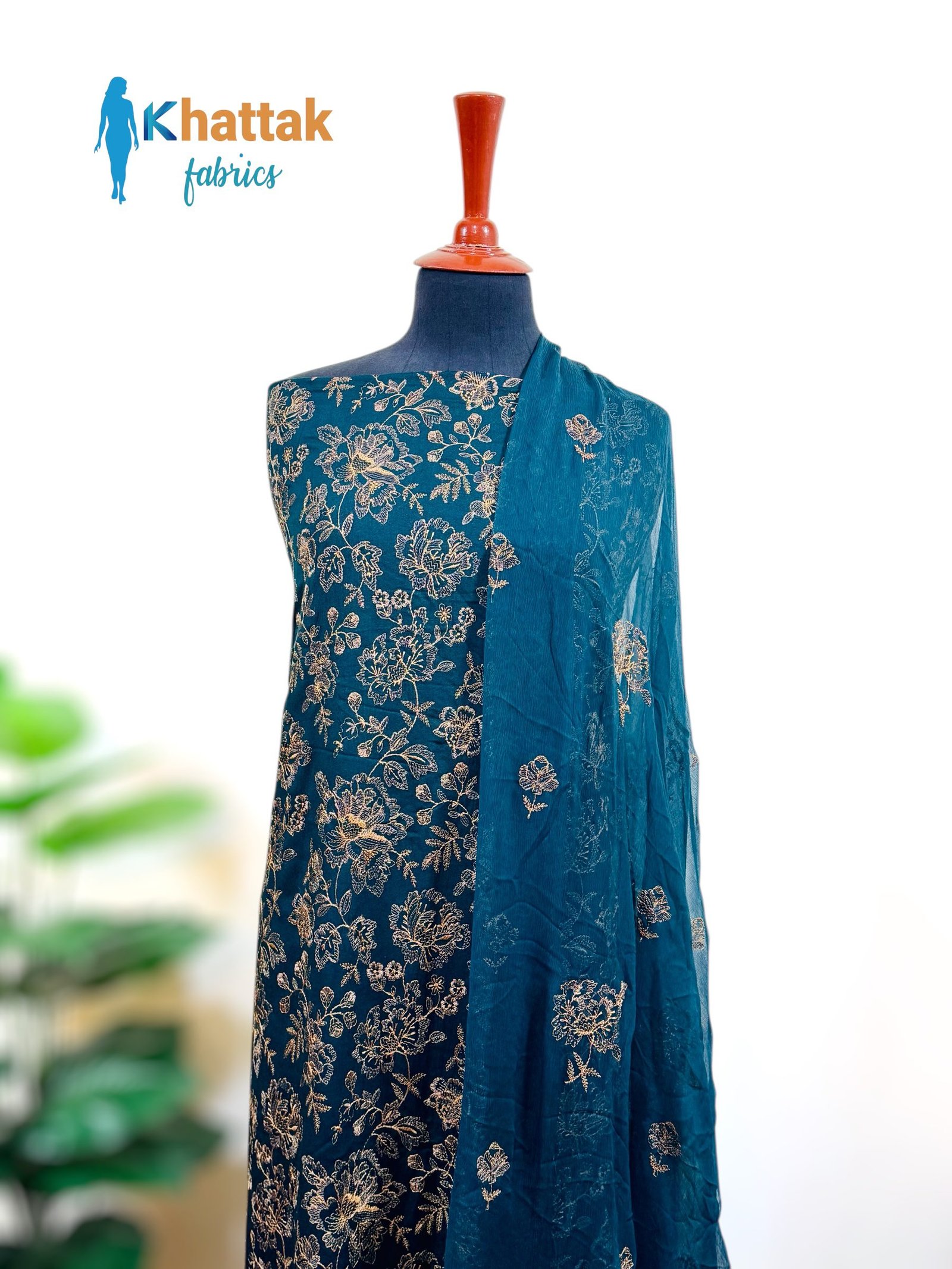 Teal Blue Karandi Suit KF-106 Teal Blue Karandi 3 Piece Embroidered Suit KF-106 – Khattak Fabrics