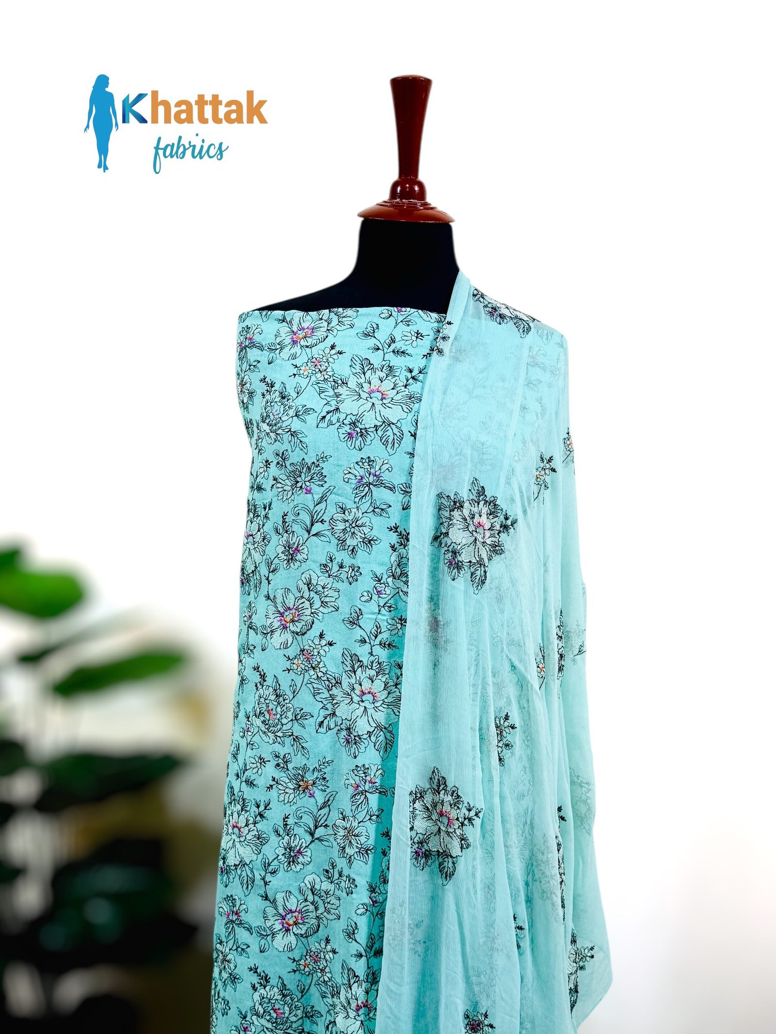 Mint Karandi Suit Front View – KF 105 Mint embroidered karandi 3 piece suit on mannequin – Khattak Fabrics