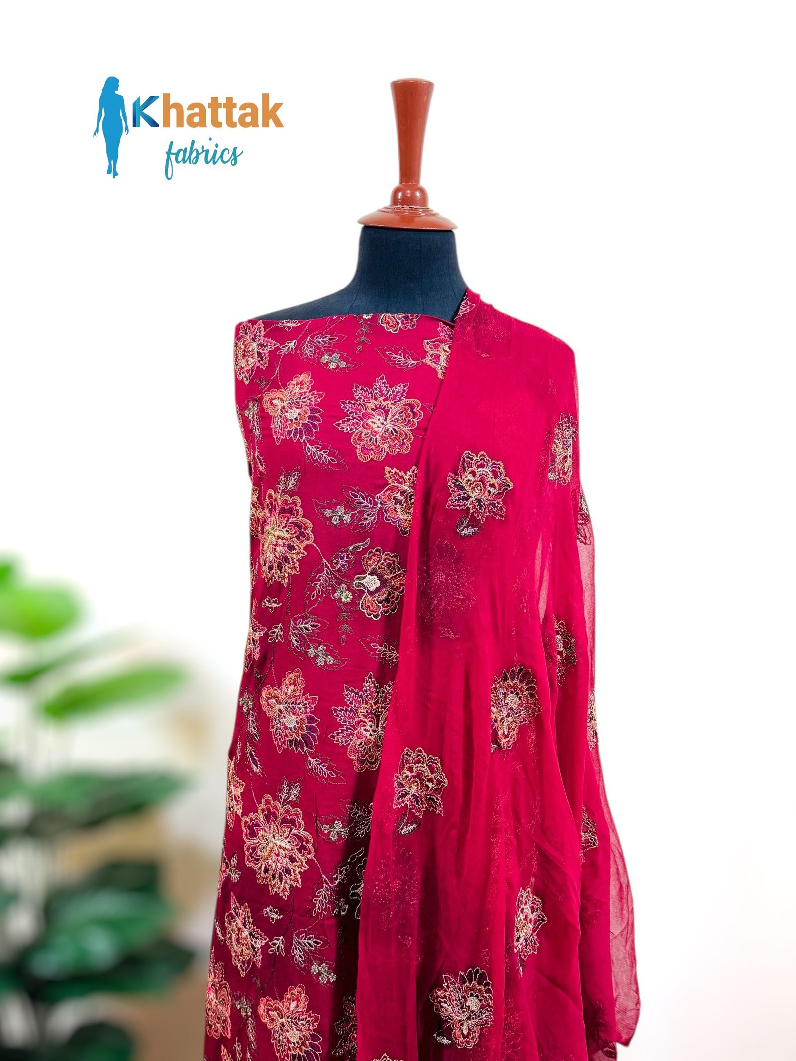 Red Embroidered Karandi Suit Front View – KF 103 Red Karandi embroidered 3 piece suit with chiffon dupatta – Khattak Fabrics