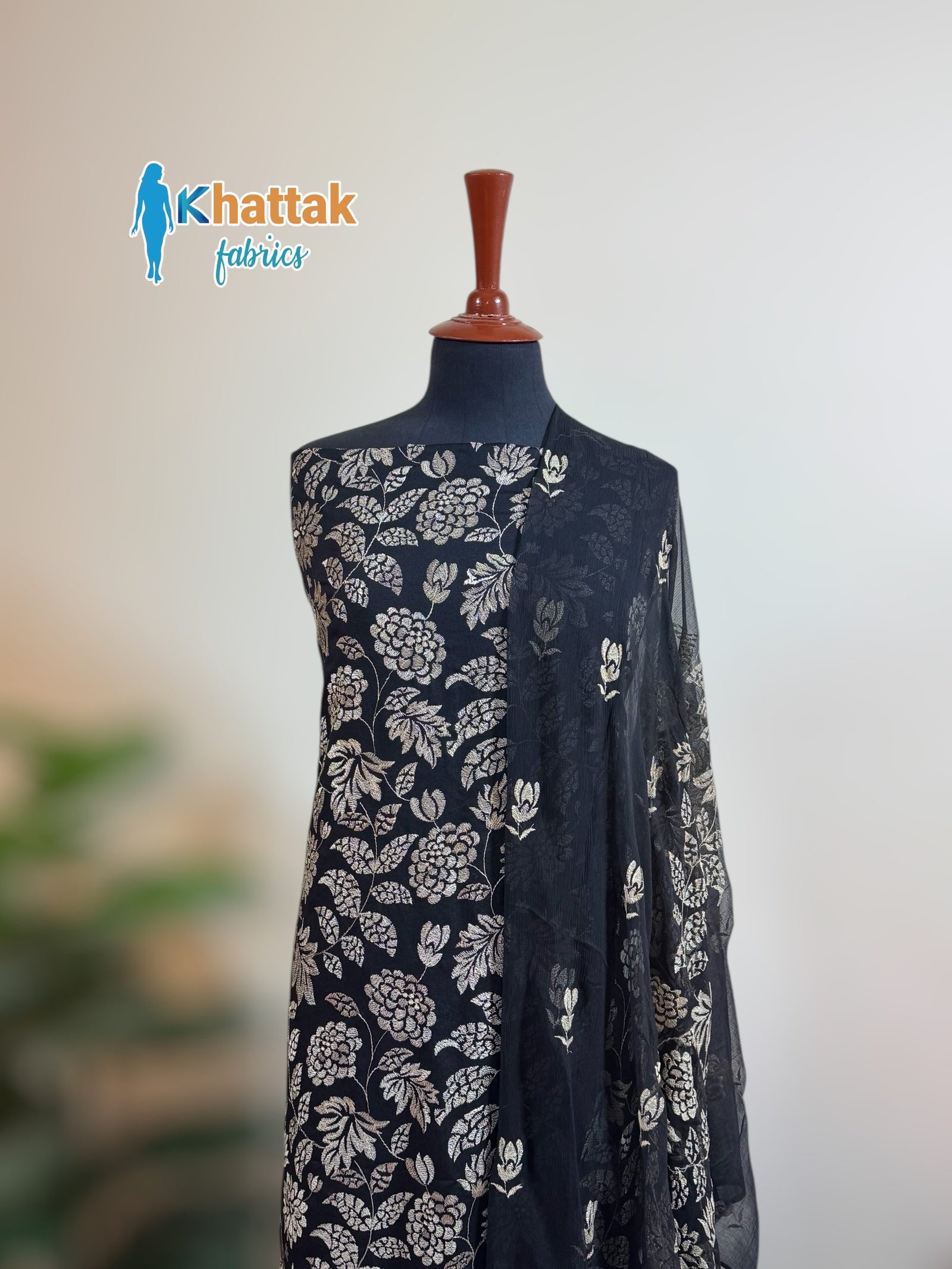Winter Karandi 3PC KF-120 Black Embroidered Suit Winter Karandi 3PC KF-120 black embroidered suit with chiffon dupatta – Khattak Fabrics