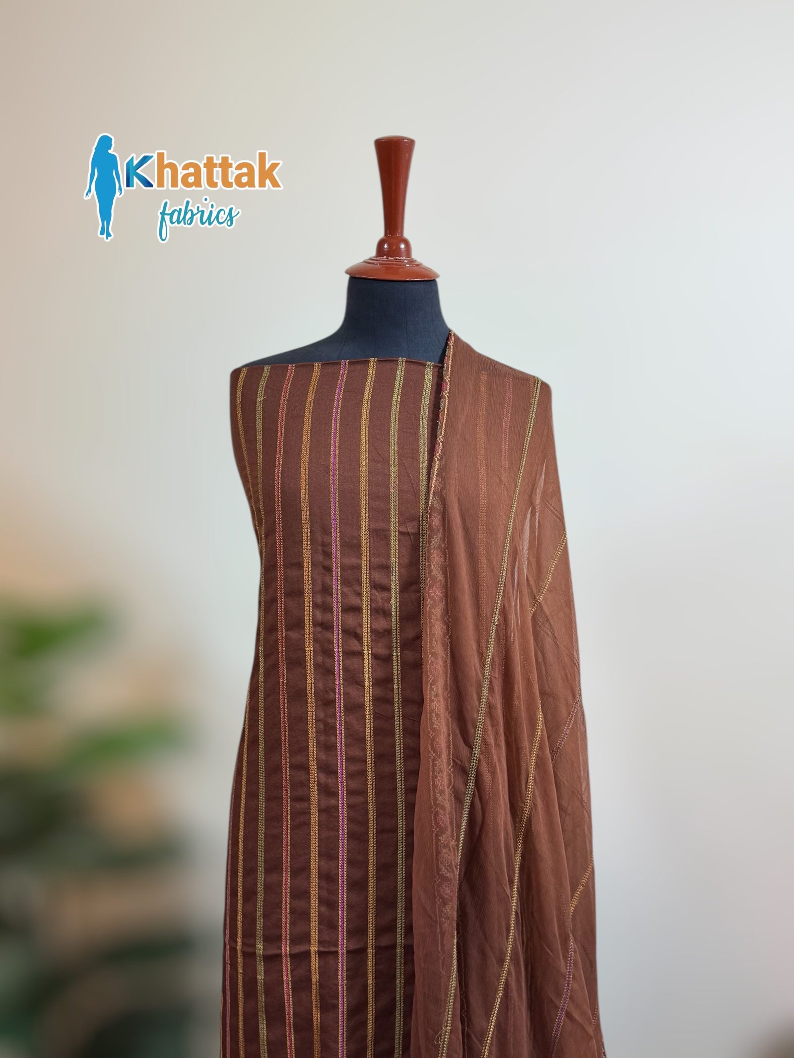 Winter Karandi Suit KF-121 Front View Winter Karandi 3PC Suit KF-121 – Brown Striped Shirt with Chiffon Dupatta