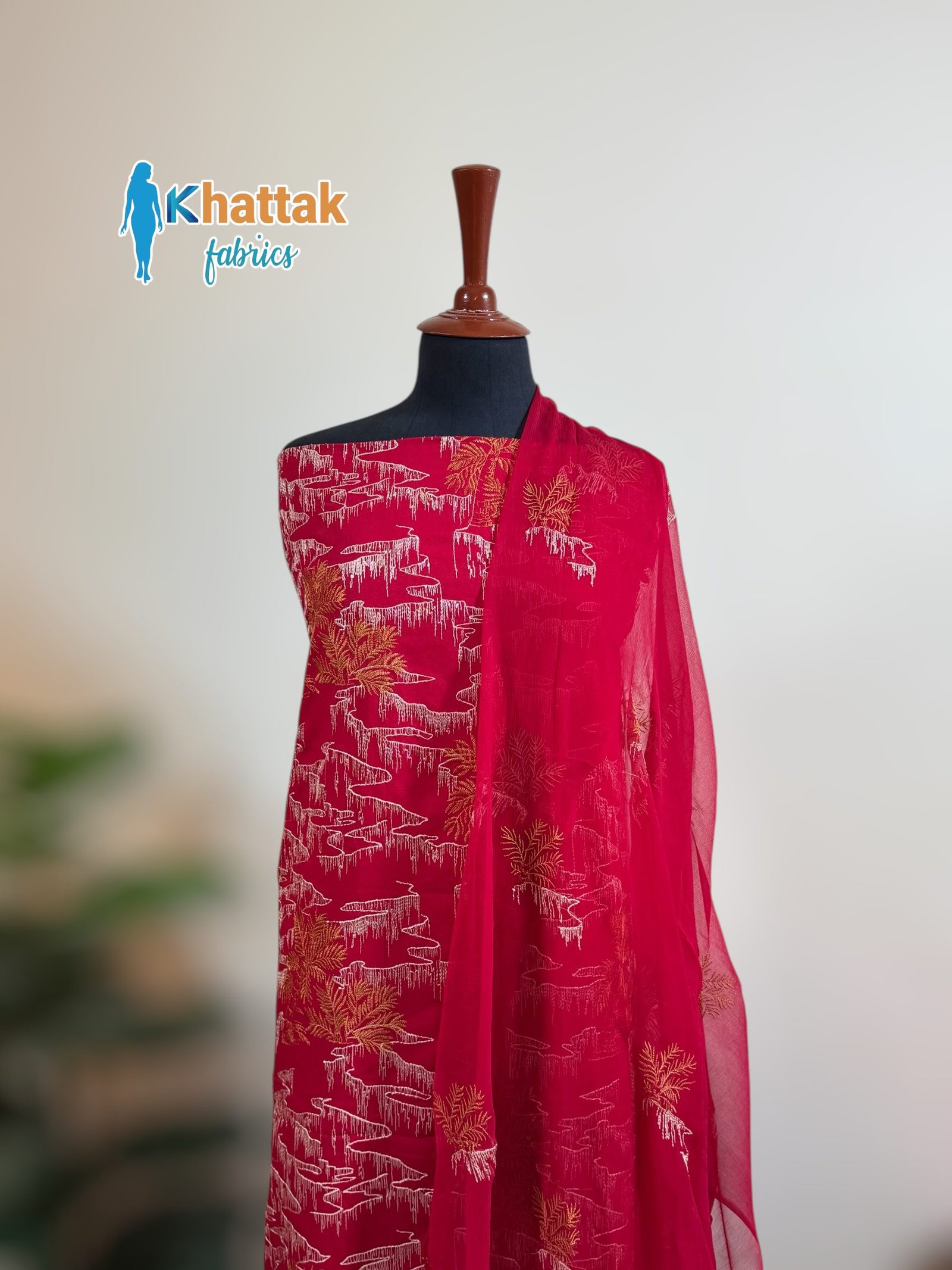 Winter Karandi – 3PC KF-122 embroidered shirt with chiffon dupatta. Winter Karandi 3PC KF-122 Embroidered Suit – Khattak Fabrics