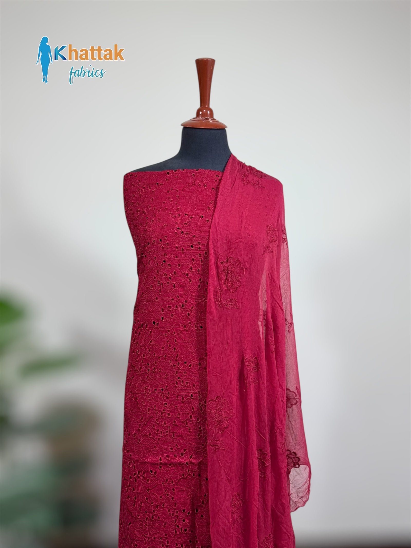 Deep Maroon Chikankari Embroidered Shirt & Dupatta KF-008 – Khattak Fabrics Deep maroon Chikankari embroidered shirt with matching dupatta KF-008 displayed on mannequin