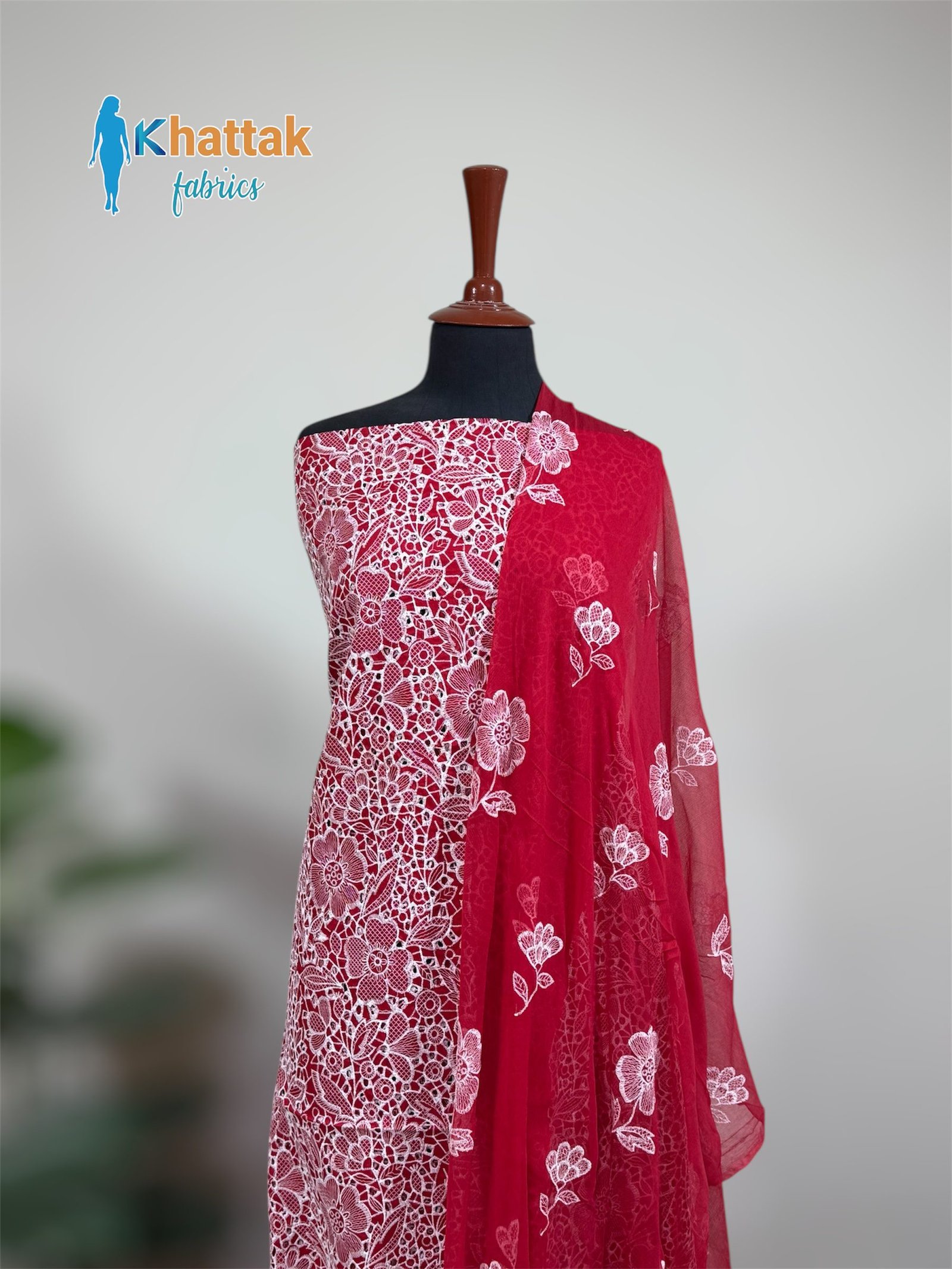 Chikankari Embroidered Shirt & Dupatta KF-003 – Khattak Fabrics Chikankari embroidered shirt with matching dupatta KF-003 displayed on mannequin