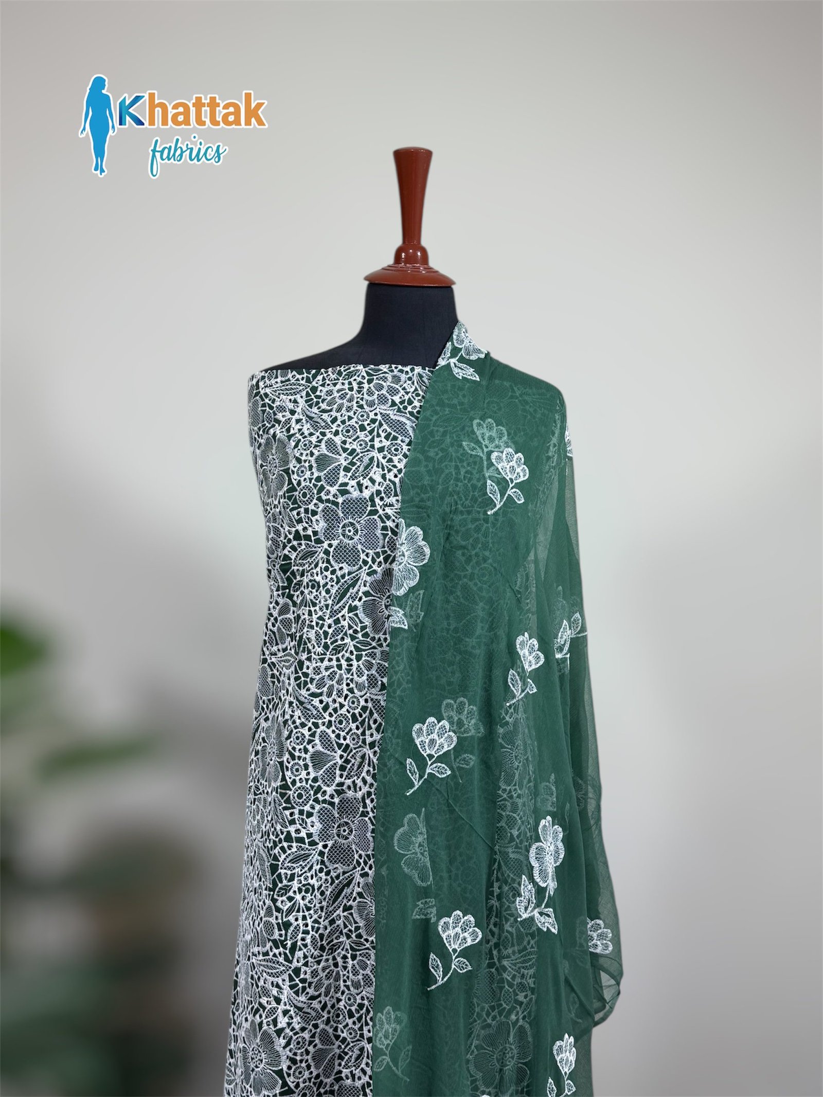 Dark Green Chikankari Embroidered Shirt & Dupatta KF-006 – Khattak Fabrics Dark green Chikankari embroidered shirt with matching dupatta KF-006 displayed on mannequin
