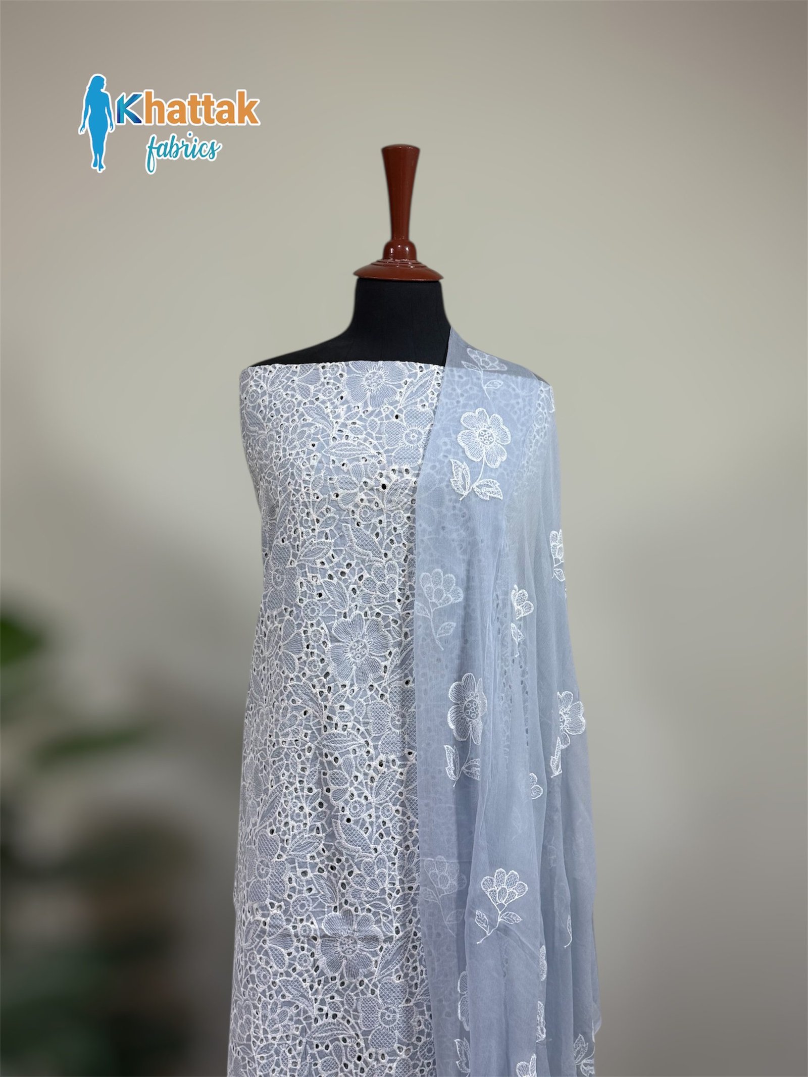 Grey Chikankari Embroidered Shirt & Dupatta KF-007 – Khattak Fabrics Grey Chikankari embroidered shirt with matching dupatta KF-007 displayed on mannequin