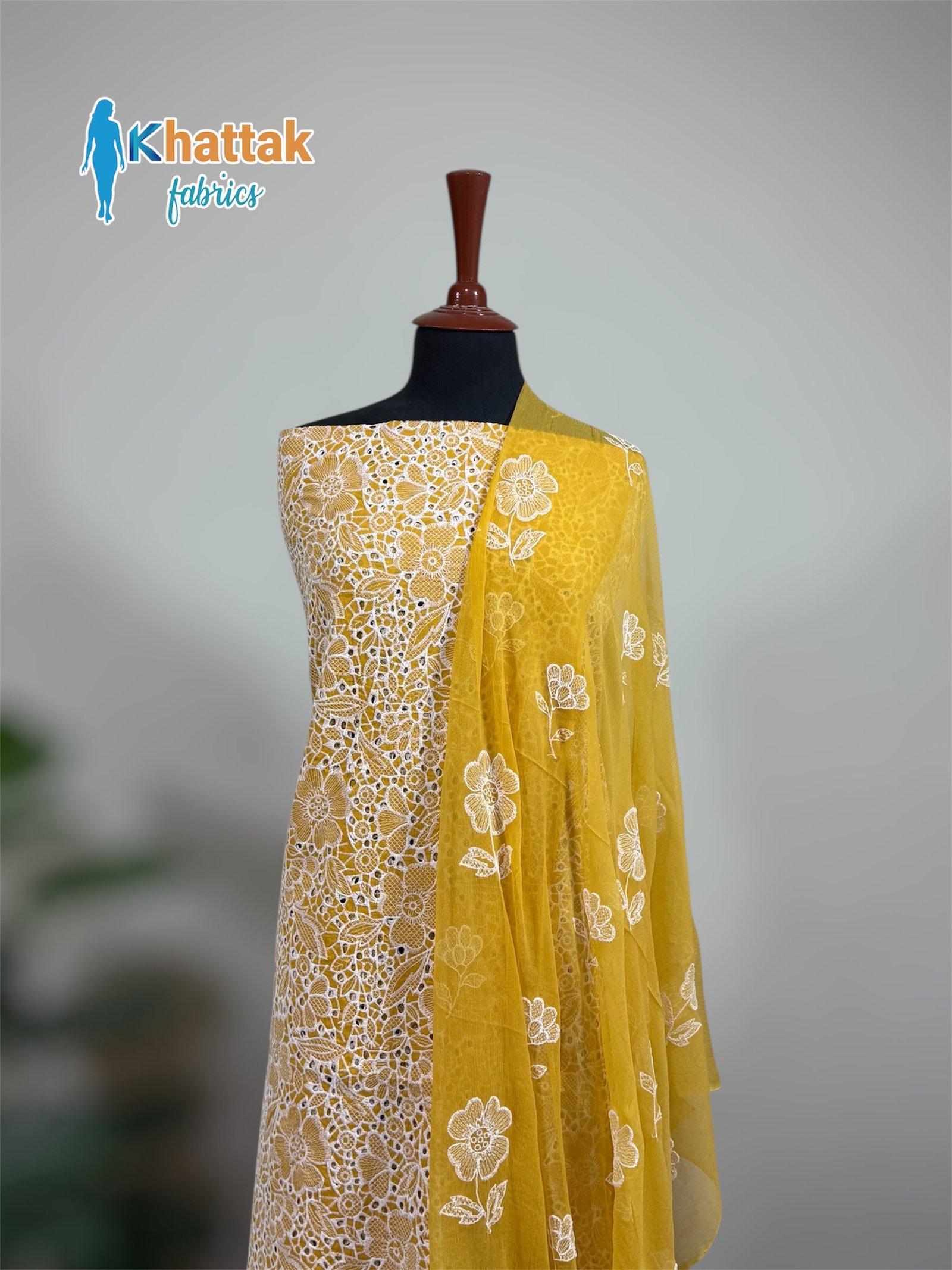Mustard Chikankari Embroidered Fabric 3PC KF-009 – Khattak Fabrics Mustard Chikankari embroidered 3 piece suit KF-009 with embroidered shirt, matching dupatta and plain trouser